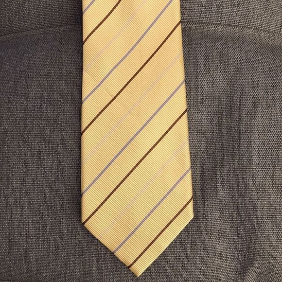 Basile Italia Printed Silk Tie in Yellow with Brown & Blue Diagonal Stripe. - Picture 1 of 4